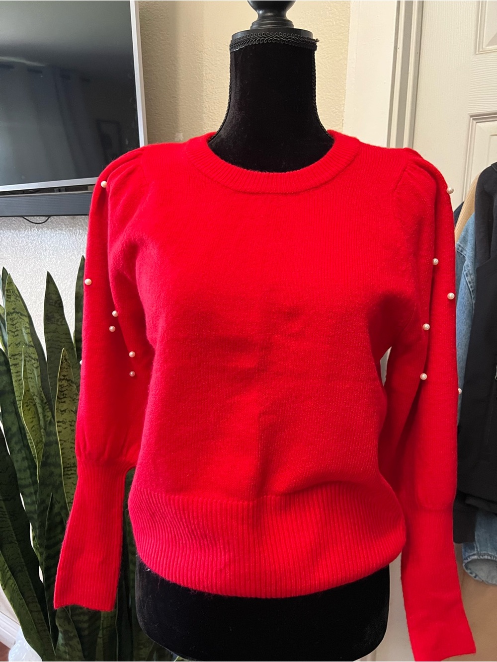 Red Pearl-Embellished Women’s Sweater